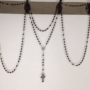 VTG Italian Luminous Rosary Necklace Burgundy Glass Bead Roma Glow Crucifix 47"